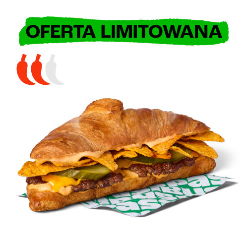 Pikantny croissant z burgerem, nachosami, serem i ogórkiem. Na górze zielony napis „Oferta limitowana”.