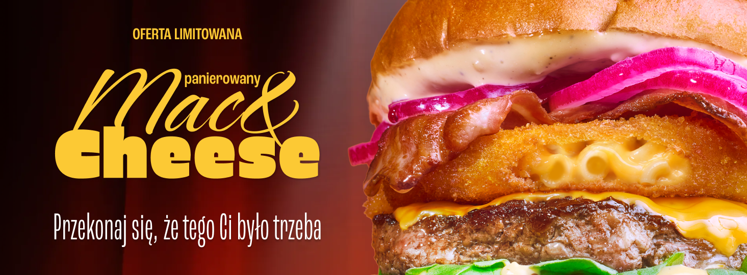 Burger z wołowiną, panierowanym kotletem mac and cheese, bekonem i czerwoną cebulą.